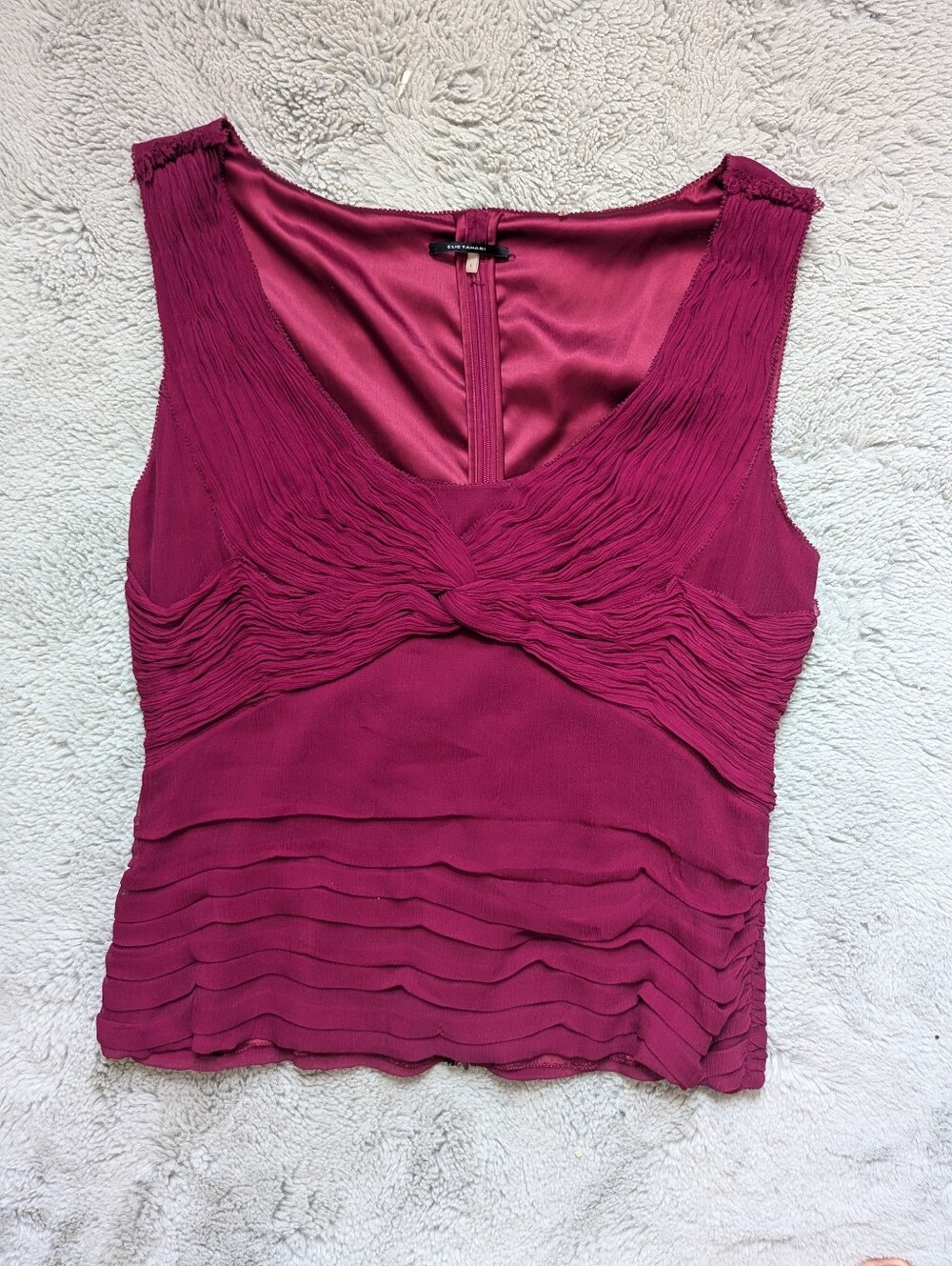 Elie Tahari 100% Silk Pleated Twist Front Tank Top Magenta Berry | Large